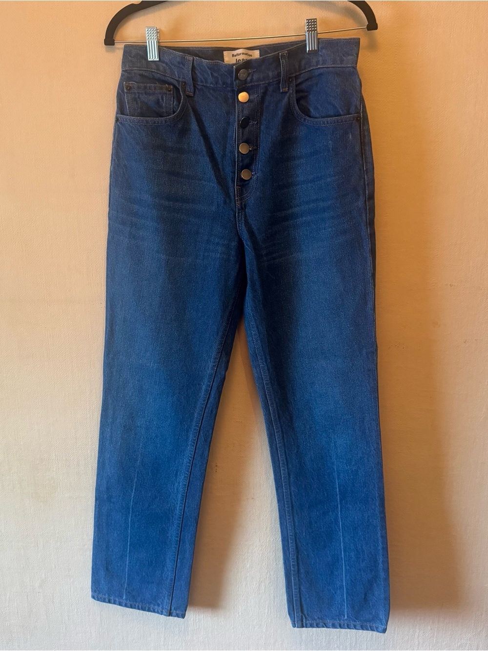 Reformation Cynthia Dark Blue Button-Fly Straight Jeans